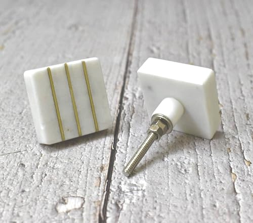 ARTISNO Marble Brass Knobs/Cabinet Knobs and Pulls/Drawer Knobs/Grey Knobs/White Knobs, set-6 (white striped)