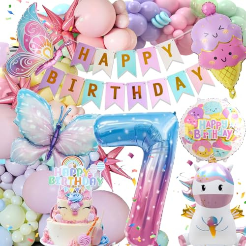 7 Jahre Geburtstagsdeko Deko Luftballons, Einhorn Deko | 7 Jahre Happy Birthday Deko, Einhorn Schmetterling Folienballon Geburtstag Deko