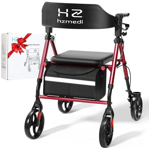 Walkers for Seniors with Seat, Foldable Rollator Walker with Seat, Lightweight Medical Rolling Walker, Dual Height Adjustment, 8 Big Wheels for All Terrain, Ergonomic Arc Seat and Brakes