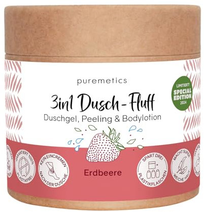 puremetics 3in1 Dusch-Fluff (250g) | Duschgel, Peeling und Lotion in Einem | vegan & plastikfrei | pflegend, hautverfeinernd & glättend | Zucker Meersalz Peeling | Zero Waste (Erdbeere)