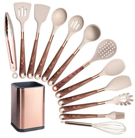 Set di utensili da cucina in silicone Set di utensili antiaderenti for spatola da cucina resistente al calore con manico e supporto placcati in oro rosa Utensili Cucina(Beige-012-1)