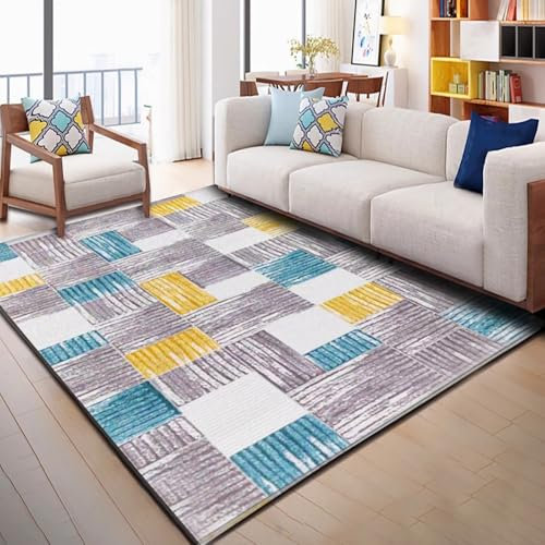 Küche Teppich läufer,Fleckenunempfindlicher, Rutschfester Teppich Grau Blau Gelb Tintenmuster,living room carpet Schlafzimmer Teppich,80x160cm