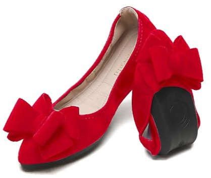 YOUNIFIZ Ballerines plates pliables tendance avec nœud papillon et bout pointu pour femme, Rouge de Noël., 41 EU
