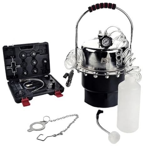 LST Bremsentlüfter Set 5L mit Druckbehälter, 3m Spiralschlauch, 0,75L Auffangflasche und professionellem Adapter-Kit im Koffer für eine einfache und effiziente Bremsenwartung an PKW