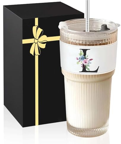 A-Z Initial Iced Coffee Glass Cups - Personalised Birthday Gifts for Women, Ice Coffee Glass Cup with Lids and Straws - Ideal Glasses Tumbler Gift for Friend, Sister, Mum,Wife, Colleagues, Initial L