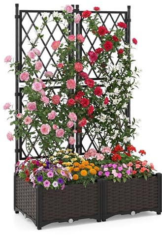 COSTWAY Garden Planter with Trellis, Weather-Resistant Trough Grow Box with Self-Watering Device and Drainage Holes, Indoor Outdoor Raised Garden Bed for Climbing Vine Plant (80 x 40 x 126 cm)