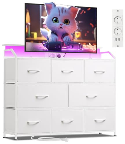 WLIVE Kommode mit LED-Beleuchtung und Ladestation, 8 geräumige und Tiefe Schubladen mit Stoffbezug, Holzplatte und stabiles Stahlgestell für Wohnzimmer und Schlafzimmer (Weiß mit Holzmaserung)
