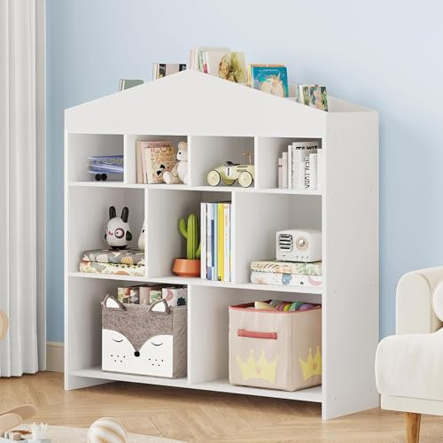 Garvee Kinder Bücherregal Hausform Regal Kinderregal Aufbewahrungsregal für Kinder Kinderzimmerregal mit 4 Ebenen Spielzeug Organizer Kindermöbel für Kindergarten Spielzimmer, Weiß 103.5x100x30 cm