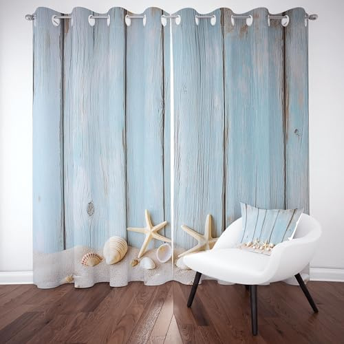 Seestern Muschel Gardinen Blickdicht 145x140 cm, Bauernhaus Holzoptik | Vorhänge Schlafzimmer 2er Set, Nautische Maritim Verdunkelungsvorhänge Wohnzimmer mit Ösen Thermo Kälteschutz Schallschutz
