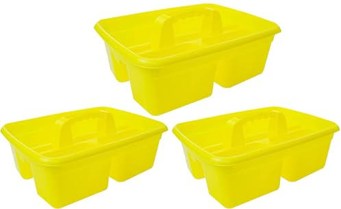 Cleaning Caddy with Handle, Yellow, Pack of 3, Cleaning Products & Tools Storage Basket, 3 Compartments, Strong Utility Carry Baskets, Cleaning Caddy, Organiser, Kitchen Tidy