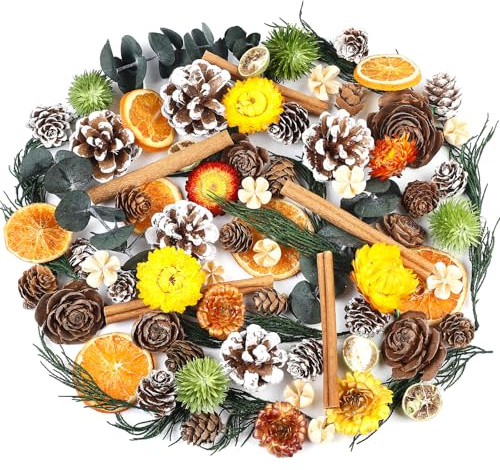 Songjum Pot-pourri de Noël et d'Hiver avec Chrysanthème Tranchés d'Orange Bâtons de Cannelle et Pommes de Pin Pour Remplissage de Couronne de Noël Vase et Activités DIY de Noël
