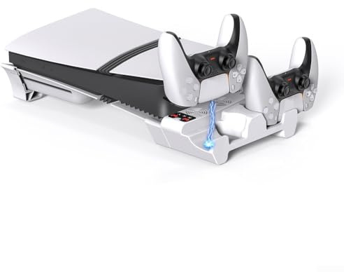 ZAMETTER Station de refroidissement horizontale pour console PS5 - Ventilateur de refroidissement automatique silencieux - Ventilateur à 3 niveaux - Station de charge double contrôleur - Indicateurs