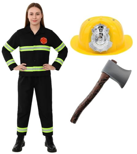 Disfraz de bombero para mujer, sombrero amarillo para mujer, accesorio de hacha de 40 cm y uniforme de bombera con detalles reflectantes, disfraz de despedida de soltera, Halloween y juego de rol