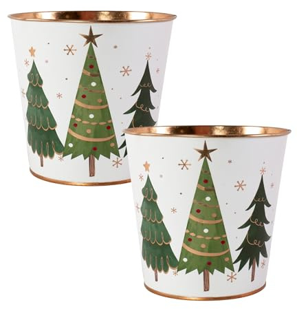 Fyne-Finds Metal White Plant Pot Christmas Trees Stars Design 16cm, 6inch Tin Pail Gold Rim Xmas Festive Planter Home Garden (2)