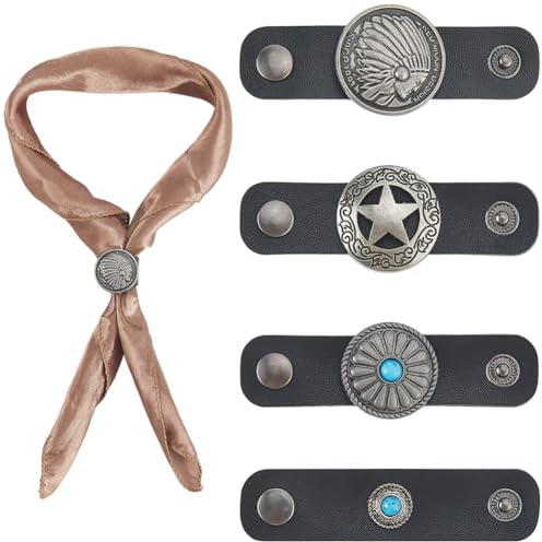 CALFOVERA 4-pack PU-läder Western turkos blomma bandana sjal ring 4 stilar handgjorda vintage mönster sjalhållare spänne enfärgat bandana halsduk skjutspärr för huvudduk, svart, 8 x 1.95 bis 2.95cm