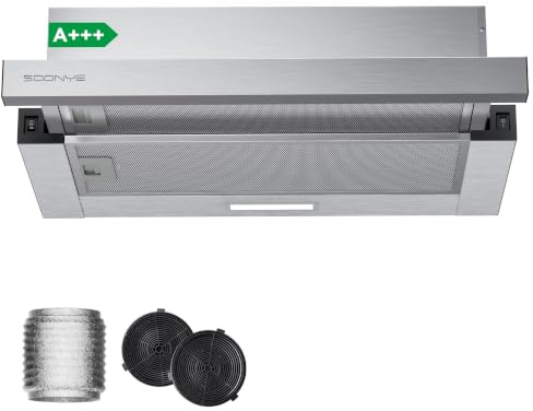 Soonye A+++ Flachschirmhaube Dunstabzugshaube 60cm, Flachschirmhaube Abluft/Umluft mit Aktivkohlefilter, 370 m³/h Luftstrom,LED-Beleuchtung,Flach Abzugshaube 58dB