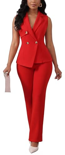 Women Suits 2 Piece Set Business Casual Dressy Button Down Blazer Jacket and Straight Leg Pantsuits Formal Outfits Red XL