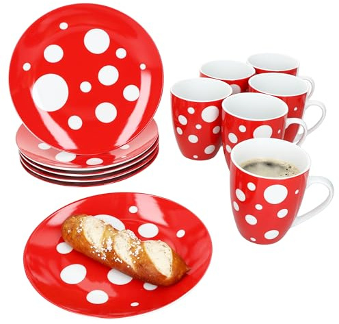 MamboCat Pula Service de petit-déjeuner 12 pièces, 6 assiettes à dessert et 6 tasses à café à pois de 300 ml, en porcelaine, pour 6 personnes, décor à pois rouges, pour le petit déjeuner et le café