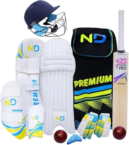 ND Sports Premium 11-Piece Cricket Set Set for Beginners & Professionals | Complete Set with Bat, Pads, Gloves, Helmet & Accessories | Perfect for Adult Cricket Set
