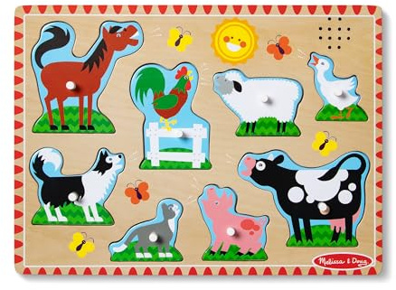 Melissa & Doug Farm Animals Sound Puzzle – 8-Piece Wooden Peg Puzzle with Light-Activated Sounds, Music Learning Toy for Toddlers and Preschoolers Ages 2+