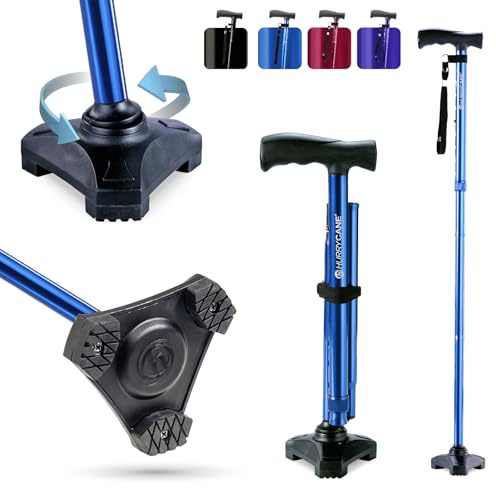 HurryCane Freedom Edition Foldable Walking Cane With T Handle - Enhanced Mobility Support - Patented SteadiGrip Base - Adjustable Height - Lightweight Foldable Design - Blue