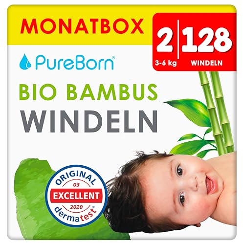 PureBorn Ekologiska Blöjor av Bambu, Storlek 2 (3-6 kg), 128 stycken, Allergivänliga, Ultramjuk, Våtindikator, Olika Tryck