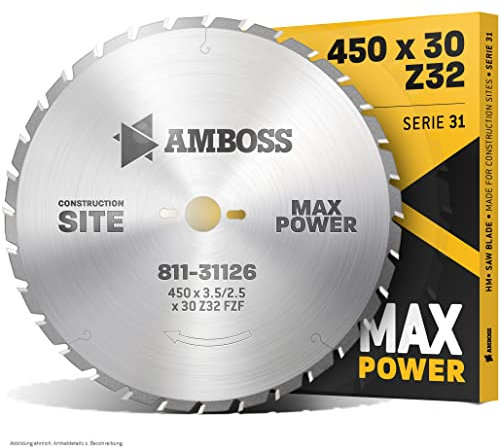 Amboss - HM Kreissägeblatt - NAGELFEST - Ø 450 mm x 4 mm x 30 mm | für extremen Einsatz auf Baustellen | FWF (32 Zähne) | Kombinebenlöcher