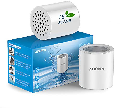 ADOVEL Universal Shower Filter Replacement Cartridge, 15 stage, High Output, With Effective KDF, Vitamin C, Removing Chlorine, Heavy Metals, Sulfur Odor, Pack of 2