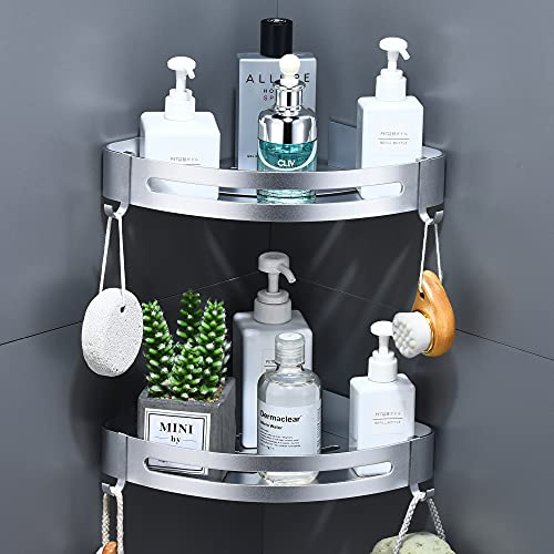 maifey Duschregal Ecke, Duschablage Ohne Bohren Eckregal Bad Metall Badezimmer Regal Dreieck Wand Duschkorb mit 4 Haken, Wandregal für Shampoo(2 Stück,Sandstrahlen Silber)