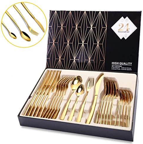 Gold Cutlery Set, 24 Piece Stainless Steel Flatware Silverware Set Fine Mirror Gold Finish and Dishwasher Safe Golden Cutlery Set Including Knife Fork Spoon for 6 People (High End Gift Box)…