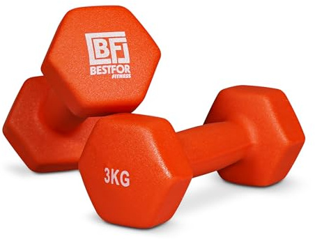Bestfor Pair of 3kg Hex Anti Roll Non Slip Neoprene Dumbbell Weights For Exercise, Fitness, Workouts, Lifting with Exercise Chart