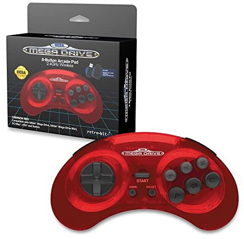 Retro-Bit Sega Mega Drive 2.4 GHz Wireless Controller 8-Button Arcade Pad for Sega Genesis Original/Mini, Switch, PC, Mac – Includes 2 Receivers & Storage Case (Crimson Red) (Nintendo Switch)