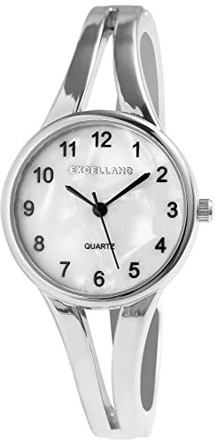 Excellanc Damen-Spangenuhr Metall Armreif Perlmutt Zifferblatt Länge 18cm silberfarbig weiß Quarz-Armbanduhr Geschenkidee