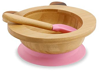 BIOZOYG Set con ciotola di bambù Orso Panda I Ciotola con base a ventosa e cucchiaio - certificato FSC I Splendida scodella in legno di bambù per bambini - ciotola da pappa e muesli rotonda rosa