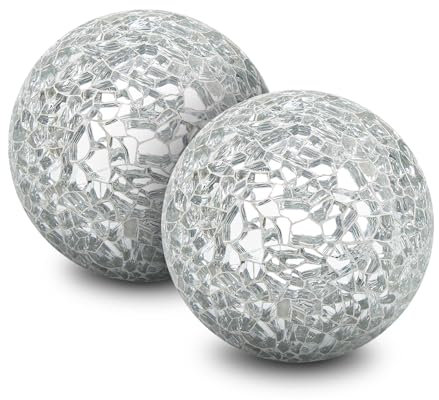 Woration 2.56 Inch Modern Decorative Crackled Mosaic Glass Silver Sphere Balls Centerpiece Ornaments Orbs for Bowls Vases Tray Dish Filler Dining Coffee Table Decor 2 PCS