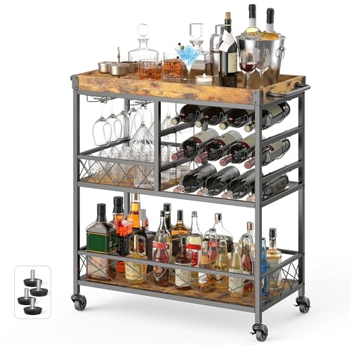 Gizoon Bar Cart, 3 Tier Coffee Cart with Lockable Wheels, 12-Bottle Wine Rack, and Hanging Glass Holder, Kitchen Rack with Removable Tray, for Kitchen, Dining Room, Entertaining, Club Party,Retro