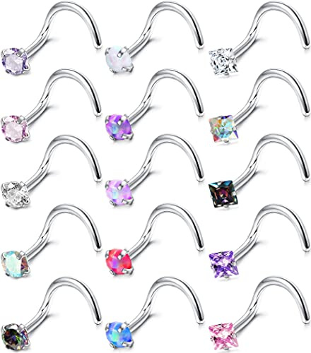 MILACOLATO Hypoallergenic Nose Rings for Women Men - 15Pcs 316L Surgical Stainless Steel Nose Rings Studs Corkscrew Studs Rings Cubic Zirconia Labret Lip Nose Nostril Piercing Jewelry 18G