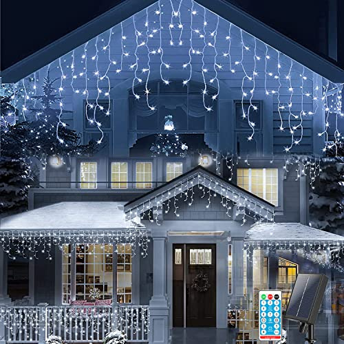 Solar Lichtervorhang Außen,KINGCOO Wasserdicht LED Eisregen Vorhang Solar Lichterketten Fernbedienung 8 Modi Innen Weihnachtsbeleuchtung Aussen für Garten Balkon Hochzeit Wanddekorationen (10M-Weiß)