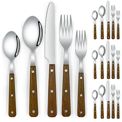Ensemble De Vaisselle En Argenterie Avec Manche En Grain De Bois 20 Pièces Pour 4 Personnes, Ensemble De Couverts En Acier Inoxydable 18/10, Couteau De Table à Steak Fourchette Cuillère Fourchette