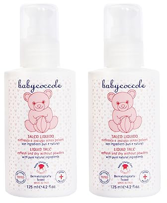 Babykuschel-Set, 2 Stück, flüssiger Talkumpuder, kein Talkum, verhindert Windelrötungen, trocknet und erfrischt die Haut nach dem Baden, reguliert natürlich das Schwitzen. 2 x 125 ml