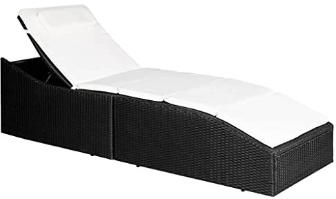 Tidyard Garten Sonnenliege Gartenliege mit Polsterauflage | Verstellbar Rattanliege Poly Rattan Liege | Outdoor Relaxliege | Zusammenklappbar 192 x 62 x (48-95) cm Rattan Schwarz und Cremeweiß