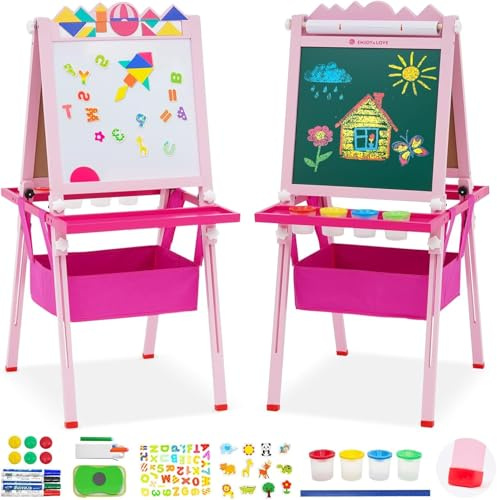 Kinder Staffelei mit Papierrolle Doppelseitige Whiteboard und Tafel Kindertafel aus Holz Höhenverstellbar Standtafel 80-116cm Maltafel Staffelei Kindertafel mit Puzzle-Tangram und Anderes Zubehör