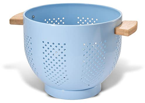 beifeier Metal Colander with Wooden Handle and Sturdy Base, 5.5 Quart Large Strainer for Draining Pasta Vegetable Fruit, Durable Kitchen Essentials (Blue)