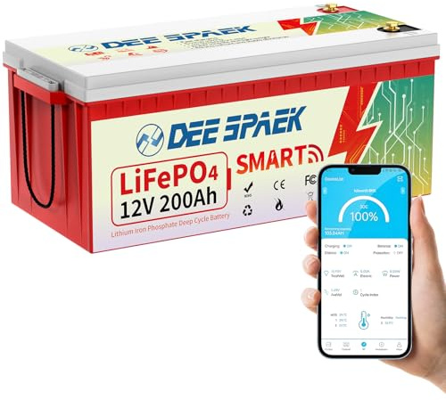 DEESPAEK Batería Litio LiFePO4 Bluetooth 12V 200Ah,4000-15000 Batería de ciclo profundo,BMS integrado con célula de grado A,Max 2560Wh para Energía solar,RV,Autocaravana,Motor de Arrastre,Marina,Barco