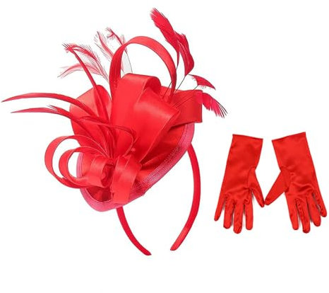 amangul Satin-Fascinator, Hut, Partyhut, Stirnband und kurze Handschuhe, Cocktail-Party, Kopfbedeckung für Damen, rot, Recommended head circumference 56-58cm