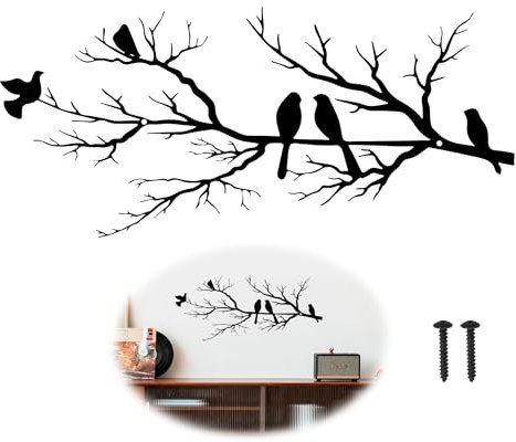 Wand Deko Schlafzimmer Wohnzimmer Wandbild Metall,Schwarz Modern Wohnzimmer Wanddeko Vögel für Innen- Und AußEnwanddekoration,mit Hängenden Zweigen und Blättern