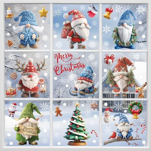 Hianjoo Vetrofanie Natalizie, 9 Fogli 95 Pezzi Adesivi Murali Decorativi Colorati con Gnomo di Babbo Natale Alberi di Natale Ghirlande Regali Adesivi Elettrostatici in PVC