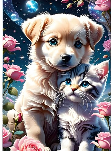 GDYEEH 5D Welpe und Kätzchen Diamant Painting Pictures, DIY Blumen Diamant Art Painting Kits, Fantasie Diamond Painting Set for Adults Anfänger, Diamond Painting Art by Numbers for Home Decor 30x40cm