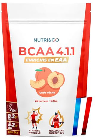 NUTRI & CO BCAA en poudre 4.1.1 enrichi en EAA - Acides Aminés Prise de Masse & Récupération Musculaire - Leucine, Isoleucine, Valine - Vitamine B6 - Boisson - 225g Saveur Pêche - 25 portions Vegan