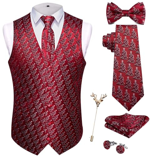 SzonMcnl Veste de Noël Festive Motif Père Noël Joyeux Cravate Nœud papillon Mouchoir de poche Ensemble Thème de Noël, rouge, L